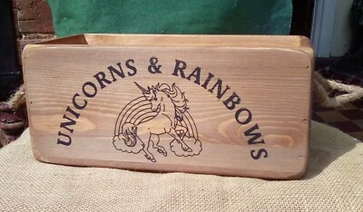  UNICORNS & RAINBOWS Rustic wooden storage box. A lovely gift item! - Image 1 of 3