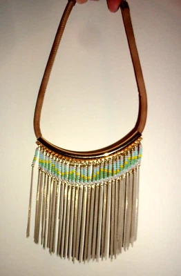 Caramelo Dulce* Borla Flecos Gargantilla Collar Azul Verde Cuentas Cadenas Doradas Foto 1 de 4