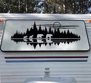 Lake Moon Bear Family in Tree Line Forest Scene Vinyl Decal V7 - RV Camping - Picture 1 of 5