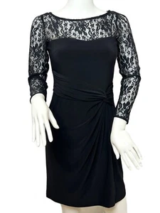 Chaps Black Lace- Trimmed Mini Dress S Petite Sheath Long Sleeve Cocktail Party - Picture 1 of 13