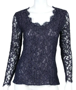 YVES SAINT LAURENT Vintage Indigo Purple Lace Scoop Neck Side-Zip Blouse 38 - Picture 1 of 5