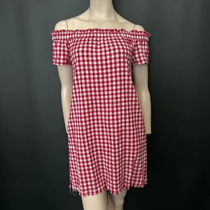 Velvet Heart Dress S Womens Red Gingham Check Off Shoulder Raw Hem Casual Style - Picture 1 of 11