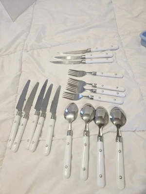 Vintage Cutlery Flatware Set 16 Pces Stainless Steel Plastic White Handle - Image 1 of 4
