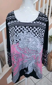 ALFANI Black Pink Multiprint Round Neck 3/4 Sleeve Stretch Blouse Sz 3X - Picture 1 of 11