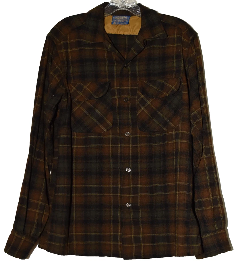 Vintage 70s Pendleton Dark Brown Board Shirt Loop Collar Wool Plaid Mens Size S - Image 1 of 4