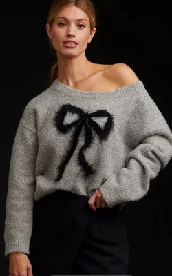 Anthropologie Maeve Bow Sweater Eyelash Metalic Threads Drop Sleeves Gray S NEW - Image 1 of 4