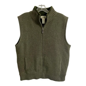 LL Bean Sweater Vest Men Size Medium Green Merino Lambs Wool Full Zip Knit - Picture 1 of 8