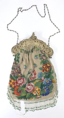 Large Antique Victorian Beaded Purse 10 oz. Sterling Silver Repousse Frame Putti - Image 1 of 4