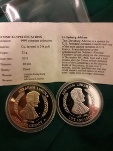 Lot Set 2 American Mint Pres. Abraham Lincoln 24K Gold, Silver Plate Proof Coins - Picture 1 of 9
