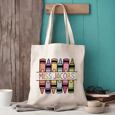 ELLIEBEANPRINTS Personalised Teacher Tote Bag - Crayons Design - Personalised Teacher Gift