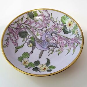 Vintage Hand Painted Birds & Flowers Porcelain Bowl Brass Back & Rim Macau 7.2"