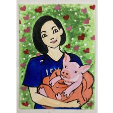 ACEO ORIGINAL PAINTING Mini Art Card People Animal Girl Woman Lady Piggy Ooak