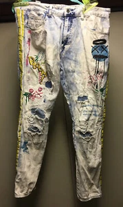 Men's Smoke Rise Denim Co Graffiti Skinny Fit Jeans 38x32 82930 W/ Side Stripe - Picture 1 of 12