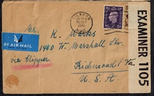 WWII England 1940 Censor Cover w/ Tape 1105 Type 1F Northampton to Richmond, VA - Picture 1 of 1