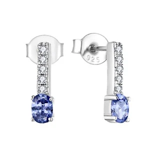 925 Sterling Silver Tanzanite CZ Oval Solitaire Drop Stud Earrings Rhodium - Picture 1 of 6
