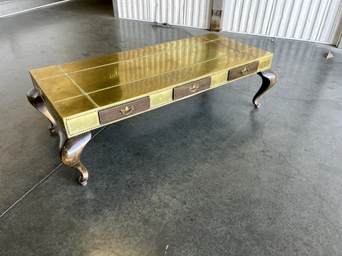Vintage Low Beaded Brass Coffee Table Queen Anne Legs Hollywood Regency Cover