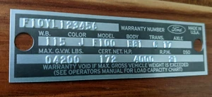 New 1966 1967 Ford Warranty Body ID Number Plate Data Door Tag F100 Bronco F250 - Picture 1 of 2