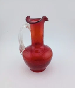 Vintage Amberina Crackle Glass Small Fluted Bud Vase Ewer Applied Cut Handle 5" - Picture 1 of 11