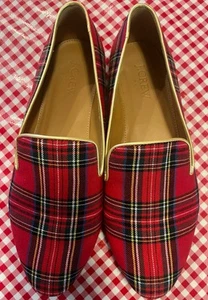 J. Crew Stewart Tartan AT389 Women Size 8 Red Plaid Holidays Flat Loafer Shoes - Picture 1 of 11