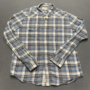 Lucky Brand Shirt Mens Medium Blue Brown Plaid Flannel Western Pearl Snap Cotton - Picture 1 of 9