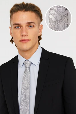 Argento Cravatta da Uomo Floreale Grigio Paisley Matrimonio Raso Seta Formale - Immagine 1 di 4