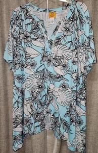 Ruby Rd. Women's 3X Top Pullover Tunic Blue Black White Floral Shirt Sleeve V-Ne - Picture 1 of 6