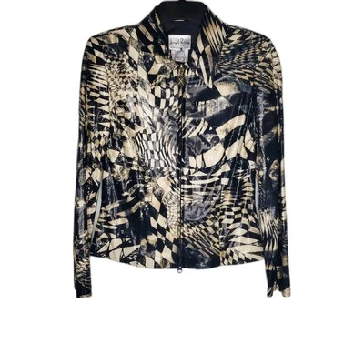 Joseph Ribkoff Womens Jacket SZ 6 Brown Tan Shiny Full Zip Geometric Long Sleeve - Image 1 of 4