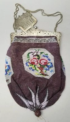 Antique German Micro Beaded Purse 800 Silver Frame & Sterling Silver Coin Pouch - Image 1 of 4