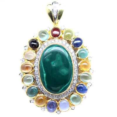 Unheated Gemstone Green Malachite, Tanzanite, Prehnite...Pendant 925 Silver - Image 1 of 4