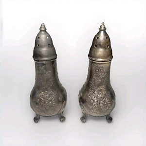 Vintage Antique Silver Salt & Pepper Shaker Set With Feet 546 Embossed Floral 4" - Picture 1 of 17