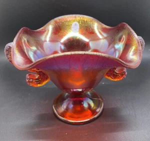 Fenton Ruby Red Stretch Glass Dolphin Handles Curved Compote Bowl 100 Year 2005 - Picture 1 of 11