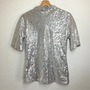 Diane Von Furstenberg Silver Sequin Mako Top Mock Neck Size 2 Silk Holiday Disco - Picture 1 of 16