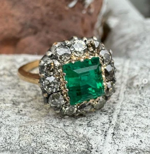 Antique Victorian 18k Gold & Silver 2.84ctw GIA Square Step Emerald Diamond Ring - Picture 1 of 13