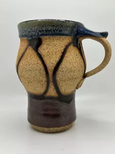 Hand Thrown Pottery Mug Textured Drip Glaze Thumb Rest Artist Signed - Picture 1 of 13