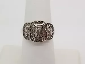 STERLING SILVER EMERALD SHAPE CLUSTER HALO 1/2CTW GENUINE DIAMOND RING ~GORGEOUS - Picture 1 of 23