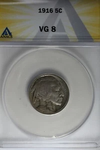 1916 .05 ANACS VG 8 Buffalo Nickel, Indian Nickel, 5 Cent Piece - Picture 1 of 2