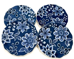 4 Pier 1 Indigo Floral 9” Salad luncheon Plates Scallop Edge - Picture 1 of 4