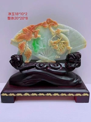 Estatua de abanico Fénix dragón fengshui esmeralda jade jade jade jade jadeíta amarillo natural de 8"" China Foto 1 de 4
