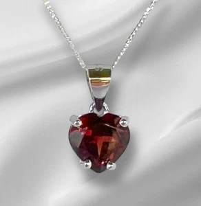 Garnet Heart Pendant 8mm 1.57ct Genuine Stone in 925 Sterling Silver + 18" Chain - Picture 1 of 7