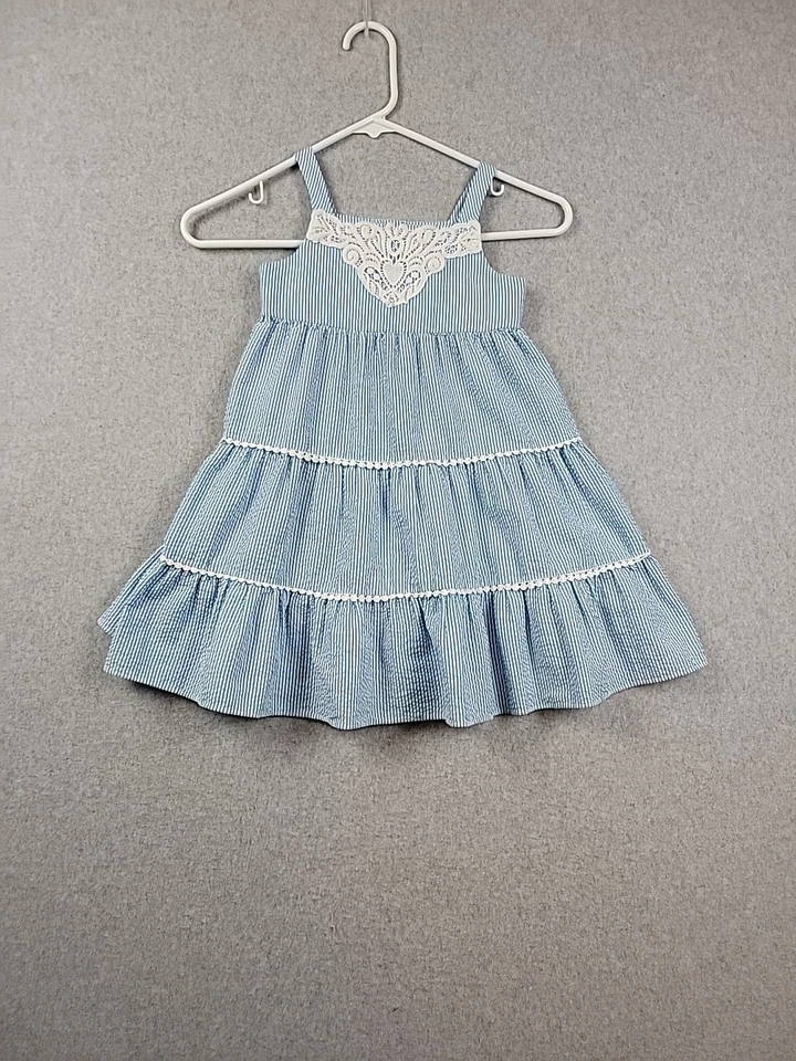 Peaches'n Cream Blue Seersucker Striped Crochet Tiered Tank Dress Girls 3T? - Image 1 of 4