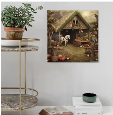 Vintage Farmhouse Country Christmas Holiday Canvas Print Snow Trees 16 x 16 NEW - Image 1 of 3