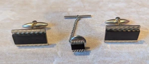 Pair of Vintage Rectangular Onyx & Goldtone Cufflinks & Tie Pin - Boxed - VGC - Picture 1 of 12