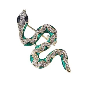 Broche de joyería serpiente verde pedrería cristal blanco, acero inoxidable. - Imagen 1 de 5