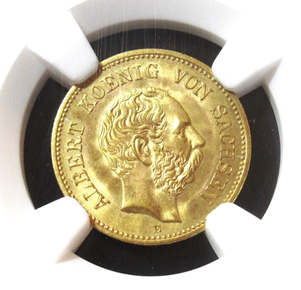 Estados alemanes Sajonia Alberto oro 5 marcos 1877-E MS66 NGC, Dresde como nuevo Foto 1 de 4