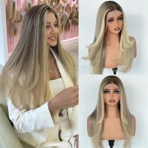 Blonde Ombre Straight Layered Human Hair Wigs 13x6 Lace Front Wig - Picture 1 of 4