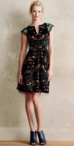 ANTHROPOLOGIE Eva Franco Larksong Corduroy Birds Floral Sequin Dress Size 4 - Picture 1 of 15