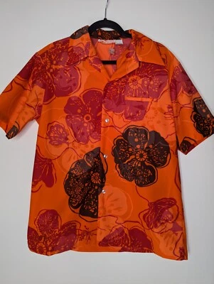 VINTAGE NWT 60s Sears Hawaiian Fashions Shirt Size L Orange Floral Print Mod - Image 1 of 4