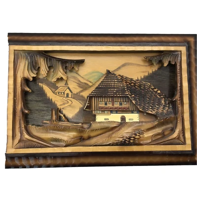 German Black Forest Wood Carved Landscape Lodge Wall Hanging Art - Image 1 of 4