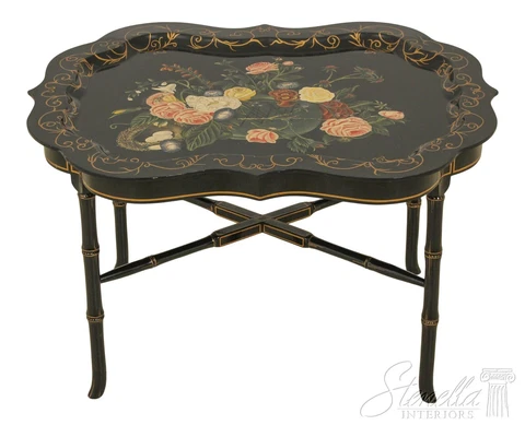 L58412EC: Stunning Floral Paint Decorated Black Lacquer Tray Top Coffee Table Cover