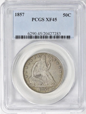 Scarce ~ 1857 ~ Seated Liberty Half Dollar ~ U.S. MINT ~ PCGS ~ XF 45 ~ $398.88 Cover